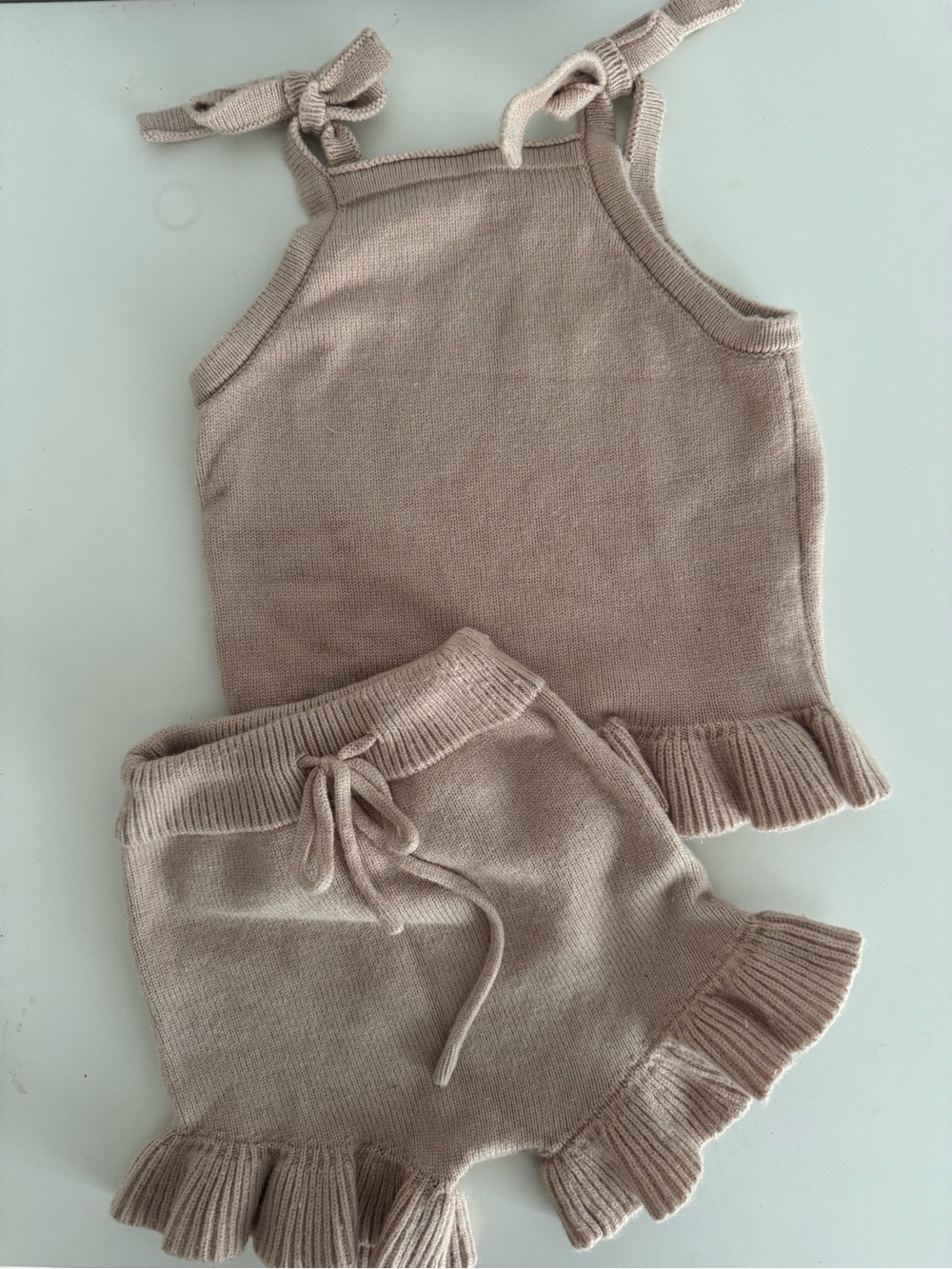 Kids Knit Ruffle Tank & Shorts Set - Cream